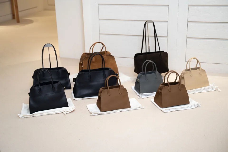 A selection of leather handbags on display